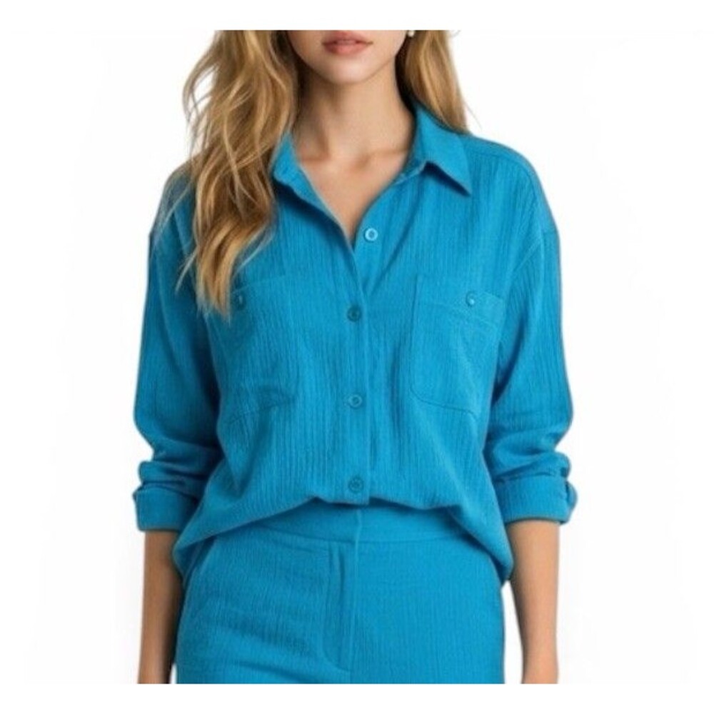 Roamans Women’s Button Up Blue Shirt Size L Long Sleeve Roll Tab
